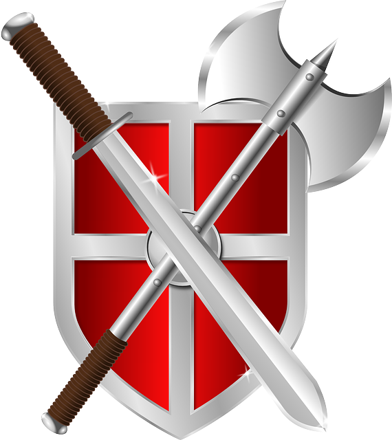 shield, axe and sword